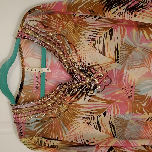 Sheer top coverup palm frond print beaded - Picture 2 of 5